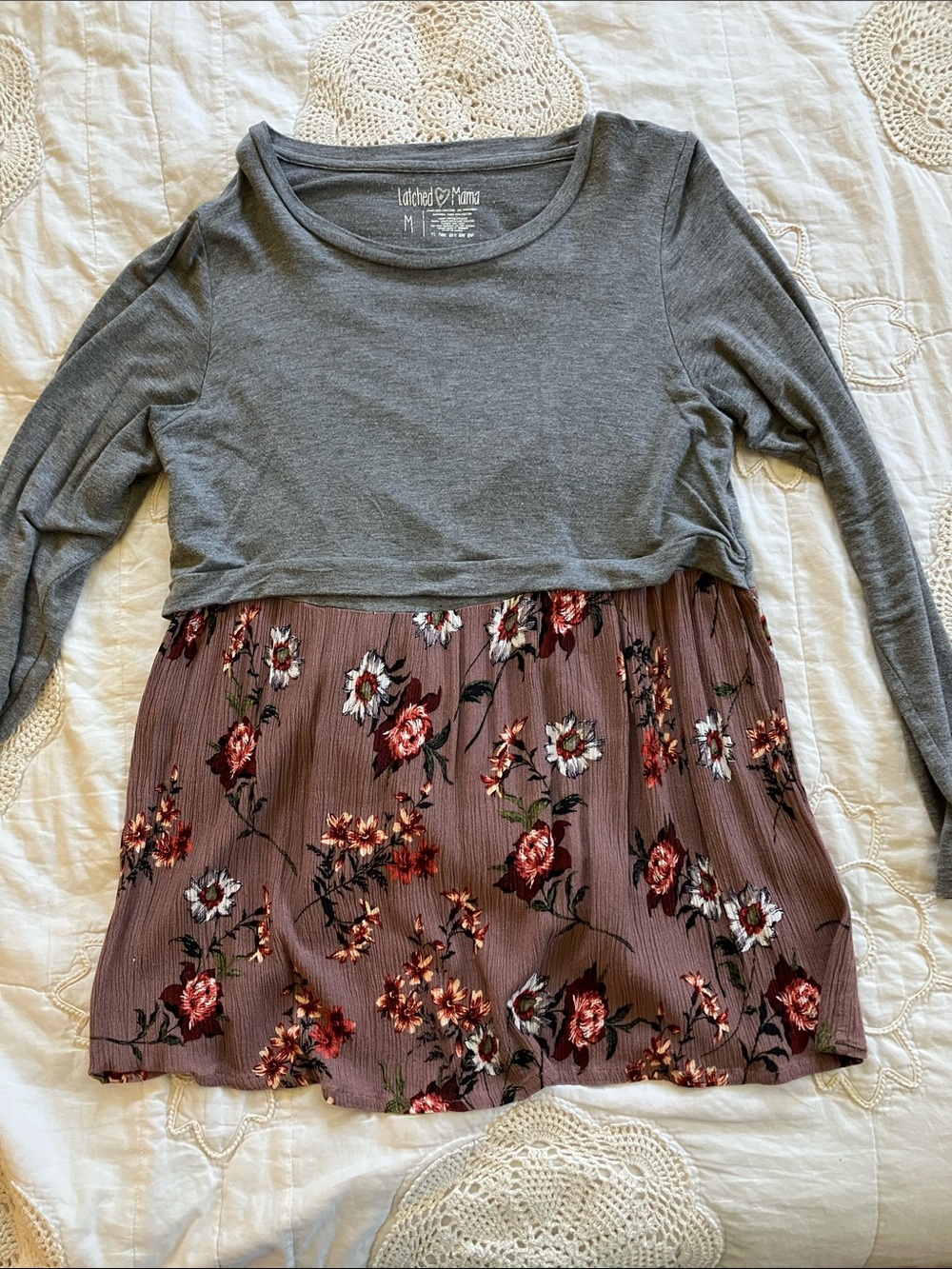 Latched Mama Gray Knit Top with Mauve Floral Peplum